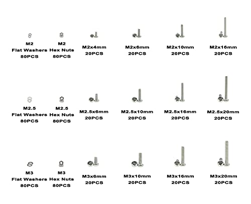 720PCS M2 M2.5 M3 Stainless Steel Phillips Pan Head Machine Screws Nuts Flat Washers Assortment Kit - size: M2, M2.5, M3