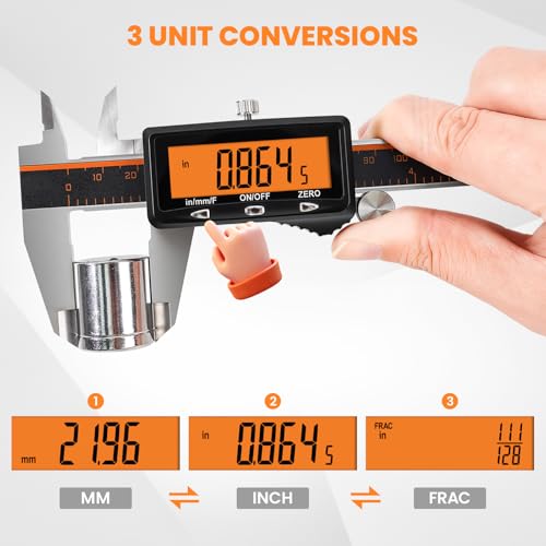 HARDELL Digital Caliper 8" USB-C Charging – Orange Display, Non-Backlit - size: 8 Inch