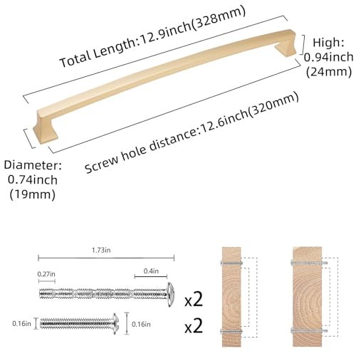 COTYKILEY 10 Pack 12.6 Inch(320mm) Brushed Brass Cabinet Handles Gold Kitchen Cabinet Pulls Cabinet Door Handles Kitchen Cabinet Hardware Cupboard Drawer Pulls Dresser Handles - color: Brushed Brass, size: 12.6" Hole Center（320MM）