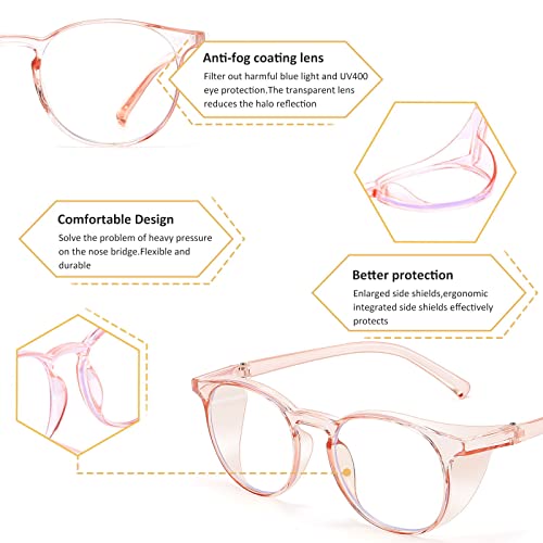 2 Pairs Anti Fog Safety Goggles Protective Glasses Blue Light Blocking Eyeglasses for Men Women - color: Round Pink+blue