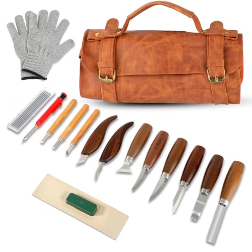 Deluxe Wood Carving Kit, Wood Carving Tools Set, 8Pcs Whittling Knifes & 5Pcs Detail Carving Knives with Large Leather Case & Gloves, Wood Whittling Kit for Beginners and Carpenter Experts