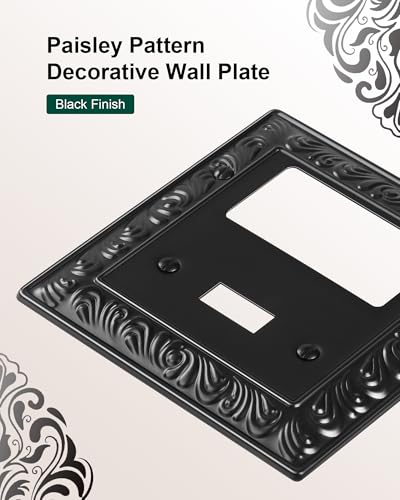 2-Pack Paisley Pattern Combo Toggle/Decorator Light Switch Cover Plate | Decorative Wall Outlet Cover Plate, Electrical Outlet Covers, Metal Wall Switch Plates and Outlet Covers, Matte Black - color: Black, size: 1 Toggle/1 Decorator 2PK