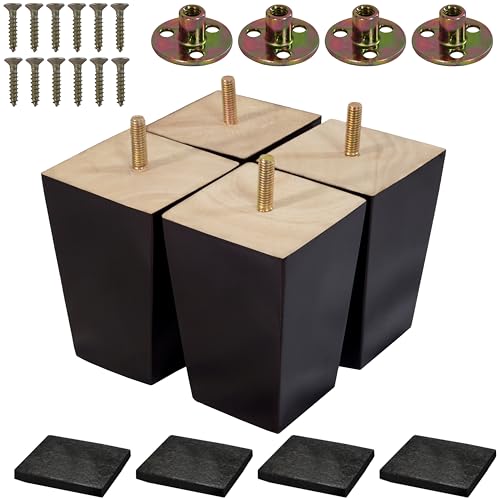 BARIEN (5 Sizes: 3"-4"-5"-6"-8") 4 inch Wood Furniture Legs - Square Sofa Legs, Couch Leg - Brown Mid-Century Modern Replacement Legs for Armchair Recliner Coffee Table Dresser (4" - Set 4) - size: 4"