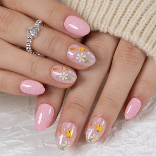 CurvLife Extra Short Almond Press On Nails, Spring Chirp Nude Pink - color: C6 - Spring Chirp