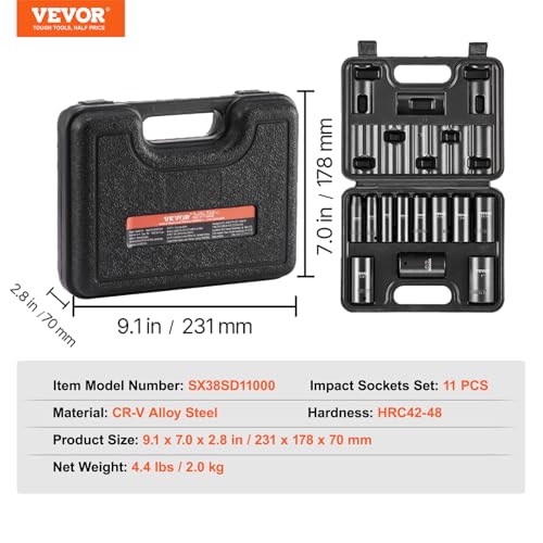 VEVOR 3/8" Drive Impact Socket Set, 11 Piece Deep Socket Set SAE 5/16"-1", 6 Point CR-V Alloy Steel for Auto Repair, Easy-to-Read Size Markings, Rugged Construction, Includes Storage Case - size: 3/8" 11PCS Deep