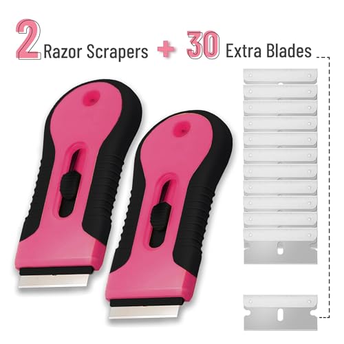 Bates- Razor Blade Scraper Tool, 2 Pack, 30 Extra Stainless Steel Blades, Anti-Slip Ergonomic Handle Design, Razor Scraper Set for Cleaning Window, Paint, Oven, Glass, Stove - color: Black & Pink
