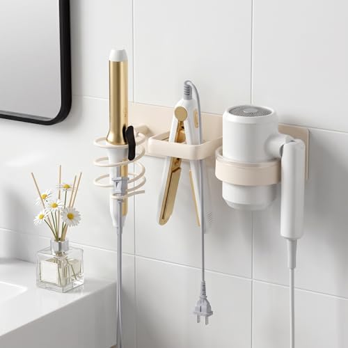 Hair Dryer Holder Curling Iron Holder Flat Iron, Curling iron holder wall mount, 3 in 1 Bathroom Hair Tool Organizer Rack for Universal Dryer,(milky white) - style: Circle style