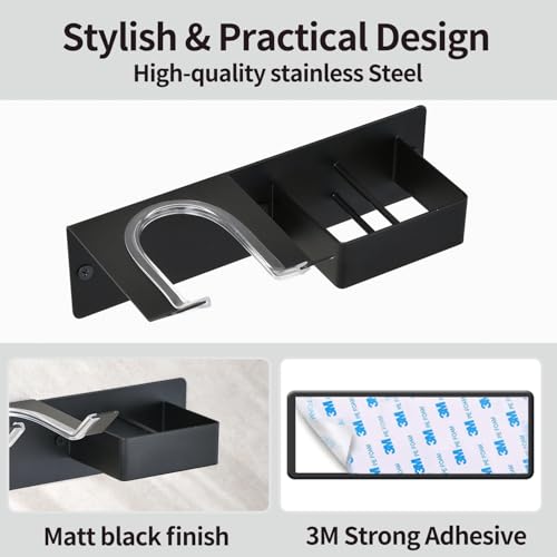 Hair Dryer Holder Wall Mounted, Stainless Steel Blow Dryer Holder for Bathroom, Hair Dryer and Straightener Holder Adhesive or Drilling, Hair Tool Organizer for Salon Barber Shops Black BANJEKT - color: With Straightener Holder-black