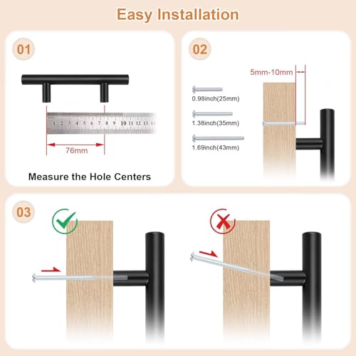 Probrico 30 Pack Hole Centers 3inch Stainless Steel Kitchen Cabinet Handles,Flat Black Dresser Drawer Pulls, 5inch Length Euro T Bar Pull Handle for Home Furnitures - size: Center to Center: 3 inch