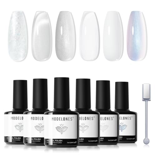 modelones White Gel Nail Polish Set, 6 Colors Milky Jelly White Sparkle - color: A A A1 Pearl Diamond White