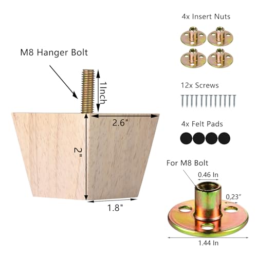 Michanco 2 inch Unfinished Wood Furniture Feet Sofa Legs Set of 4 for Couch Square Wooden Replacement Leg - size: 2 Inch Unfinished
