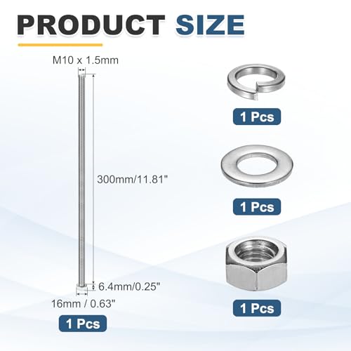 MECCANIXITY M10 x 300mm 304 Stainless Steel Hex Head Screws Bolts, Nuts, Flat & Lock Washers Assortment Kit, Fully Threaded, Bright Finish for Home, Electronic, Machine, 1 Sets - size: M10 x 300mm