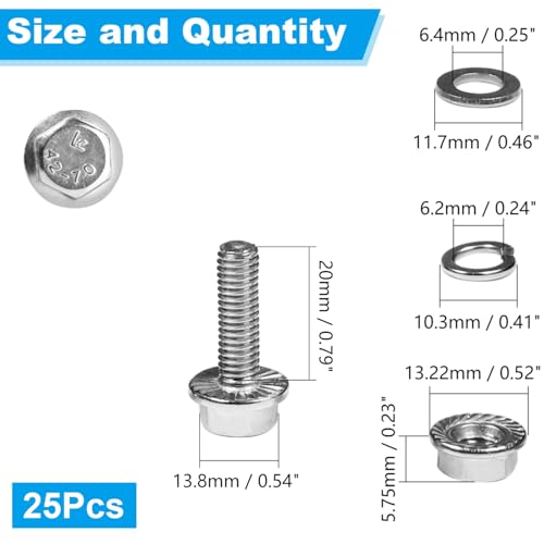 25 Sets M6-1.0 x 20mm Flanged Hex Head Bolts and Nuts Kits - size: M6-1.0 x 20mm