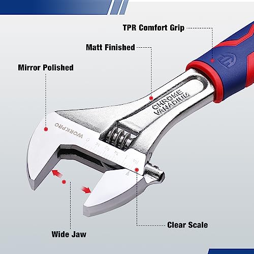 WORKPRO 10-Inch Adjustable Wrench, Wide Jaw, Metric/SAE Scales | Rubber Anti-Slip Grip, Premium Cr-V Steel, Chrome-Plated Finish for Strength and Corrosion Resistance - size: 10 inch