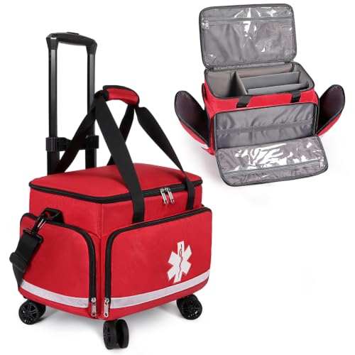 Medical Bag Rolling Roller Bag Trolley Duffel Nurses EMT CNA RN Empty for First Aid Responder Home Health Care Nursing Student Roll Duffle Bag Carry on Wheels Wheeled Work Physicians Doctor - color: Red