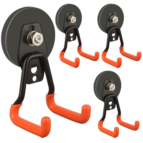 ULIBERMAGNET New Upgraded Heavy Duty Magnetic Garage Hooks,4 Pack Strong Large Magnet Hooks for Power Drill,Garden Tools,Hose,Pegboard,Garage, Workshop,Magnetic Storage Hook for Hanging(Orange) - style: V1 Pro 2.59INCH 4PACK Orange Medium Hooks