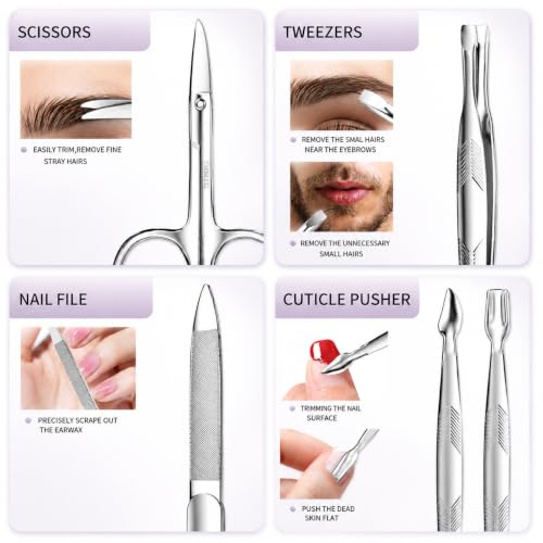 Manicure Set, Stainless Steel Nail Clipper Set with Travel Case - color: Silver and Purple