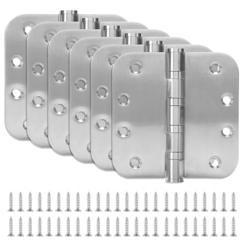 6 Pack Stainless Steel Silver Door Hinges for Exterior & Interior Doors, 4.0 x 4.0 Inch Heavy-Duty Ball Bearing Door Hinges with 5/8" Radius Corners - color: Silver