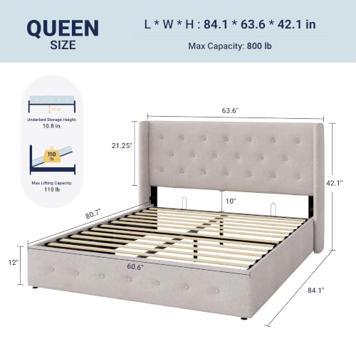 Allewie Queen Size Lift Up Storage Button-Tufted Bed Frame Light Beige - color: Beige, size: Queen, style: Traditional