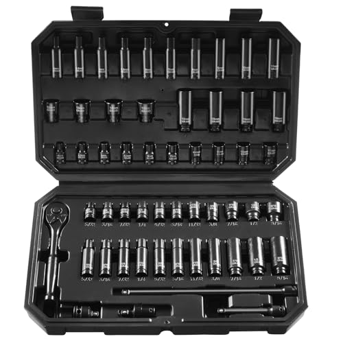 VEVOR Impact Socket Set 1/4" Drive, 55-Piece Deep & Shallow Socket Set Standard SAE (5/32 to 9/16 inch) & Metric (4 to 15 mm) Size, 6 Point, CR-V, Extension Bar, Universal Joint, Reducer - size: 1/4" 55PCS