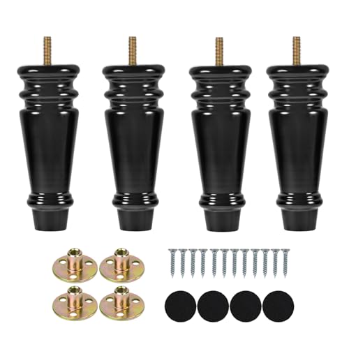 Maricome 6 Inch Round Furniture Legs Set of 4 Solid Black Rubber Wood - color: 6 Inch Black