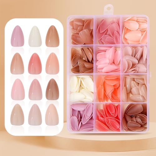 360 Pcs Press On Nails Short Almond Fake Nails Press Ons Set Full Cover Nude Pink Acrylic Glue on Nails Reusable Glossy Artificial Nail Kit False Nails for Women Manicure 12 Color - color: A002