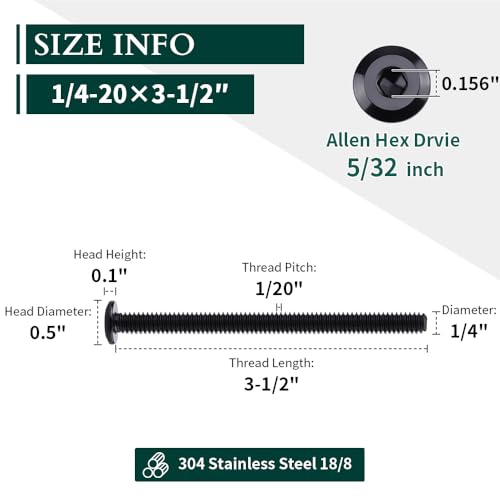 1/4-20 x 3-1/2" Black Hex Socket Head Cap Screws, 304 Stainless Steel 18-8, Furniture Bolts, Connector Screws, Black Coated, Full Thread, 25 PCS - size: 1/4-20 x 3-1/2"