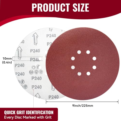 9 Inch 8 Hole Sanding Discs 60 Grit 20 Pack Hook and Loop Disc - style: 8 hole-60 Grit