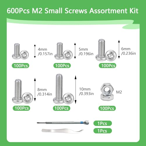600Pcs M2.0 x 4mm / 5mm / 6mm / 8mm / 10mm Metric Micro Screws Nuts Assortment Kit, Phillips Pan Head, Tiny Machine Screws Assortment for Watch Repair, Electronics, RC Drones, Arduino, DIY Projects - size: M2x4/5/6/8/10-600Pcs
