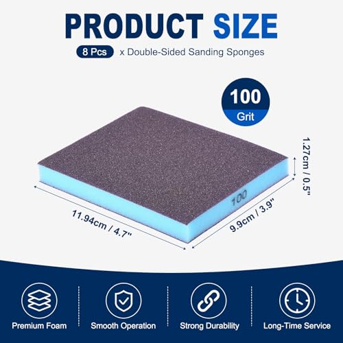 8Pcs 100Grit Double-Sided Sanding Sponges, Washable & Reusable - size: 100Grit