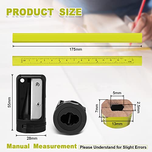 Honoson 200 Pcs Flat Construction Pencils with Printed Ruler Wood Graphite 2 Pcs Carpenter Pencil Sharpener for Woodworking Marking Tool(Yellow) - color: Yellow