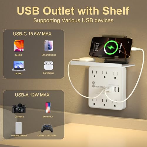 Overtop Power Charger with Shelf,Wall Outlet Extender,Surge Protector 1800J - color: Off White-6AC
