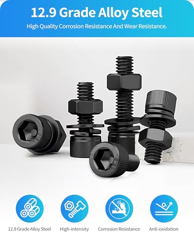 Metric Screw Assortment, 2000PCS Metric Bolt Assortment Kit M2 M3 M4 M5 Machine Screws with Lock & Flat Washers, Grade 12.9 Alloy Steel Hex Socket Head Cap Screws Nuts and Bolts Kit (Black) - size: M2M3M4M5 2000PCS (Black)