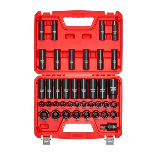 VEVOR 39-Piece Impact Socket Set 1/2" Drive, Metric (9 to 30 mm) Size, Deep & Shallow, 6-Point, CR-V, Universal Joint, Heavy Duty Carrying Case - size: 1/2" 39 PCS