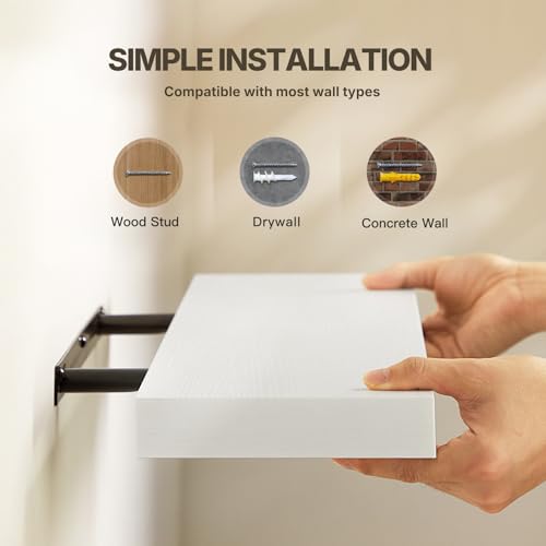 Amada 24 Inch Floating Shelves with Invisible Brackets, Set of 2, White | Wall Shelves with Hidden Bracket, Solid MDF Wood, 22 lbs Max Load per Shelf, Easy to Assemble, Multi-Wall Compatible - color: White, size: 24 inches