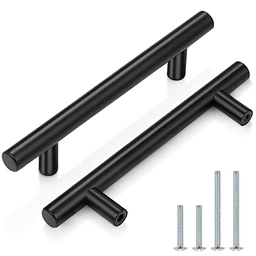 Probrico 5 Pack|4 Inch Hole Centers Flat Black Dresser Pulls Cabinet Handles,Stainless Steel Euro Bar Cabinet Handles Dresser Pulls for Kitchen Closet Cupboard Wardrobe,Total Lenght:162mm(6-4/5 Inch) - color: Black, size: ‎hole center 4"