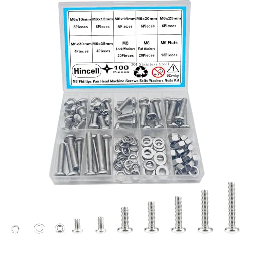 M6 Screws,Hincell 100pcs M6 Phillips Pan Head Machine Screws, Metric Screws Bolts Washers Nuts Kit,304 Stainless Steel(M6 x 10mm /12mm /16mm /20mm /25mm /30mm /35mm), Silver - size: M6, style: Phillips Pan Head