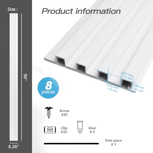 Art3d 96 x 6 Inch WPC Wood Diffuser Slat Wall Panel, 8-Pack, Matte White - color: Matte White, size: 96*6
