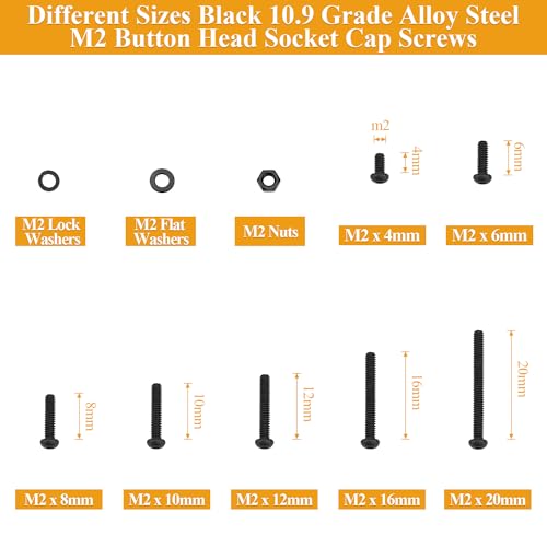 705 Pieces M2 Screws Nuts Washers Set Black, Sutemribor M2 x 4/6/8/10/12/16/20mm Button Head Socket Cap Screws Nuts Washers Assortment Kit, 10.9 Grade Alloy Steel, Fully Threaded - size: M2 x 4/6/8/10/12/16/20mm Kit, style: Button Head