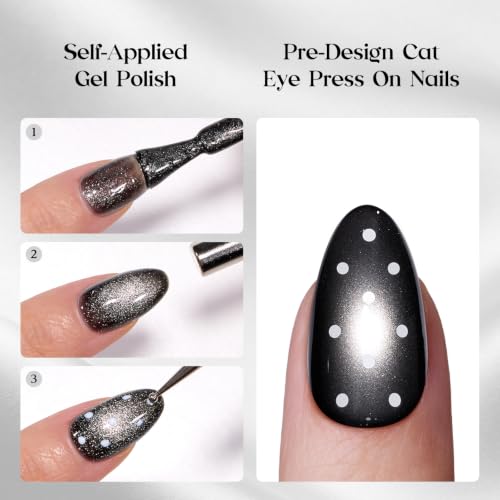 Beetles Black Cat Eye Press On Nails Short Almond, 32 PCS, White Polka Dots - color: 2B - Оnух Ring - S