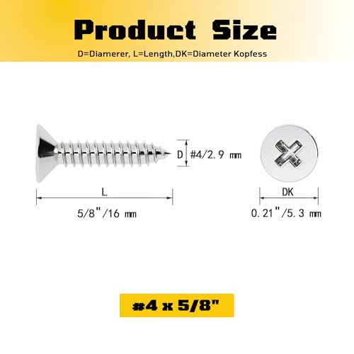 #4 x 5/8 inch Flat Head Wood Screws, 304 Stainless Steel Phillips Drywall Screws and Tapping Screws, High Hardness Screws for Drywall, Sheetrock, Wood (50 Pcs) - size: #4 x 5/8"