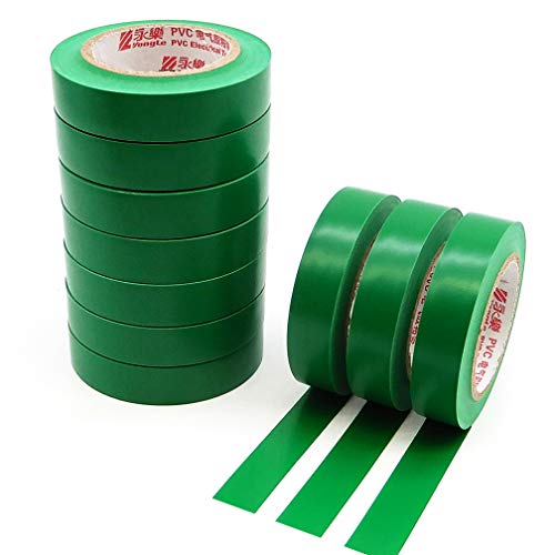 Maveek 10 Rolls PVC Electrical Tapes, Self Adhesive Waterproof Insulation Green Tapes, Rated up to 600 Volts and 176 °F, 15mmx15m(0.6" x 49.2ft) - color: green