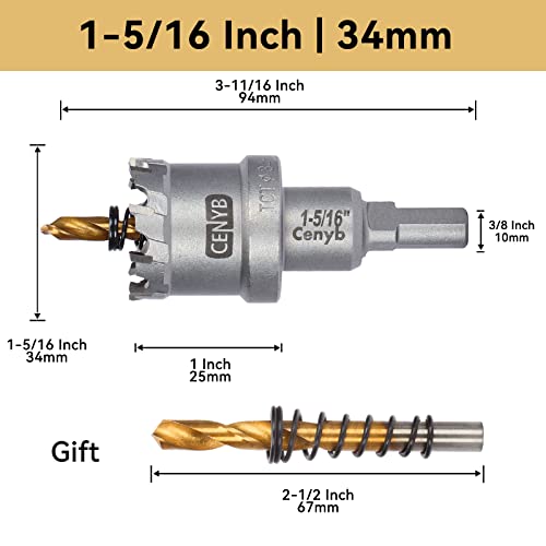 1-5/16" (34mm) Tungsten Carbide Tipped Hole Saw with 2Pcs Titanium-Plated Pilot Drill Bits for Hard Metal,Stainless Steel,Iron,Aluminum Alloy,Wood and Plastic - size: 34mm | 1-5/16"