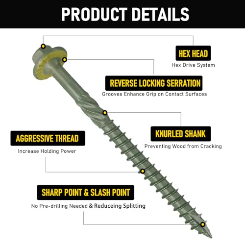 [Pack of 50] #14 x 4 Wood Structural Screws, Green Coated Heavy Duty Hex Head Timber/Log/Landscaping Wood Screws, Rust Resistant, Hex Socket Included - color: Green, size: #14 x 4"