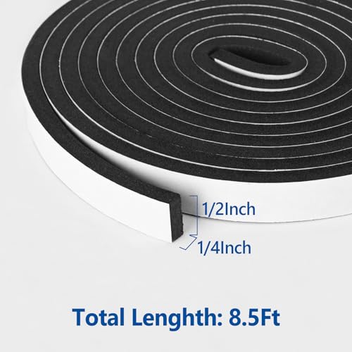 Self Adhesive Foam Tape Weatherstrip 1/2In x 1/4In x 8.5Ft High Density Foam Insulation Strips for Door and Window Sound Isolation Soundproofing - size: 1/2in x 1/4in x 8.5Ft