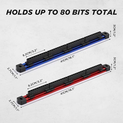 Mayouko 2PCS Magnetic Aluminum Screwdriver Drill Bit Organizer, Sliding Drill Bit Holder with Strong Magnetic Rail, 80 Holes Bit Storage, Hex Bit Organizers, Red And Blue(Bits Not Included)