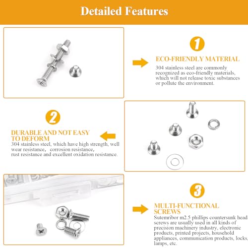 565 Pieces M2.5 Machine Screws Nuts Washers Set, Sutemribor M2.5 x 4/6/8/10/12/16/20mm Phillips Countersunk Head Machine Screws Nuts Washers Assortment Kit, 304 Stainless Steel, Fully Threaded - size: M2.5, style: Phillips Countersunk Head
