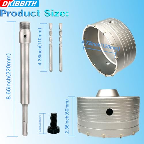 4-3/4" Concrete Hole Saw, 120mm Tungsten Steel Core Bit for Cinder Block, Brick, Rock, Plank Walls for Pipes or mini Split Lines, with SDS Plus Shank and 2 Center Positioning Drill Bits. - size: 4-3/4"