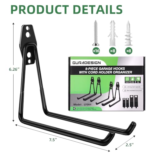 GURADESIGN 4-Piece Garage Hooks Wall Mount Storage Hanger with 4 Extension Cord Holder Organizer, Heavy-Duty Steel, 7.5 inch Ladder Hooks for Garage Wall - style: Large Hooks