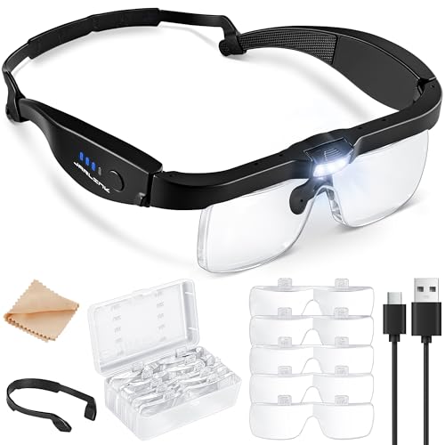 JARLINK Magnifying Glass with Light, 5 Lenses, Rechargeable Headset - color: Black
